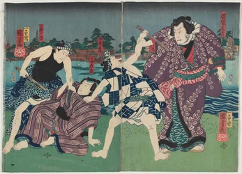 Schauspieler Arashi Kichisaburo III als Nuregami Chogoro (R) und Nakamura Fukusuke I als Yogoro (L)